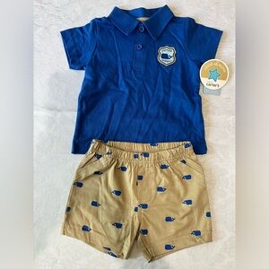 NWT carters boys 3-6 mo blue polo with tan shorts with whales on them
